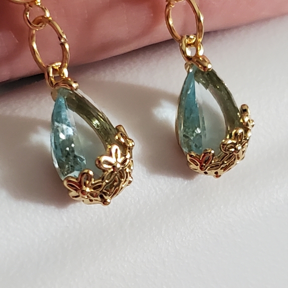 925 earrings ice blue real gold plated flowers aquamarine topaz knot crystal - Picture 15 of 15